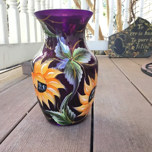 8" Purple Passion Glass Vase / Handpainted Sunflowers