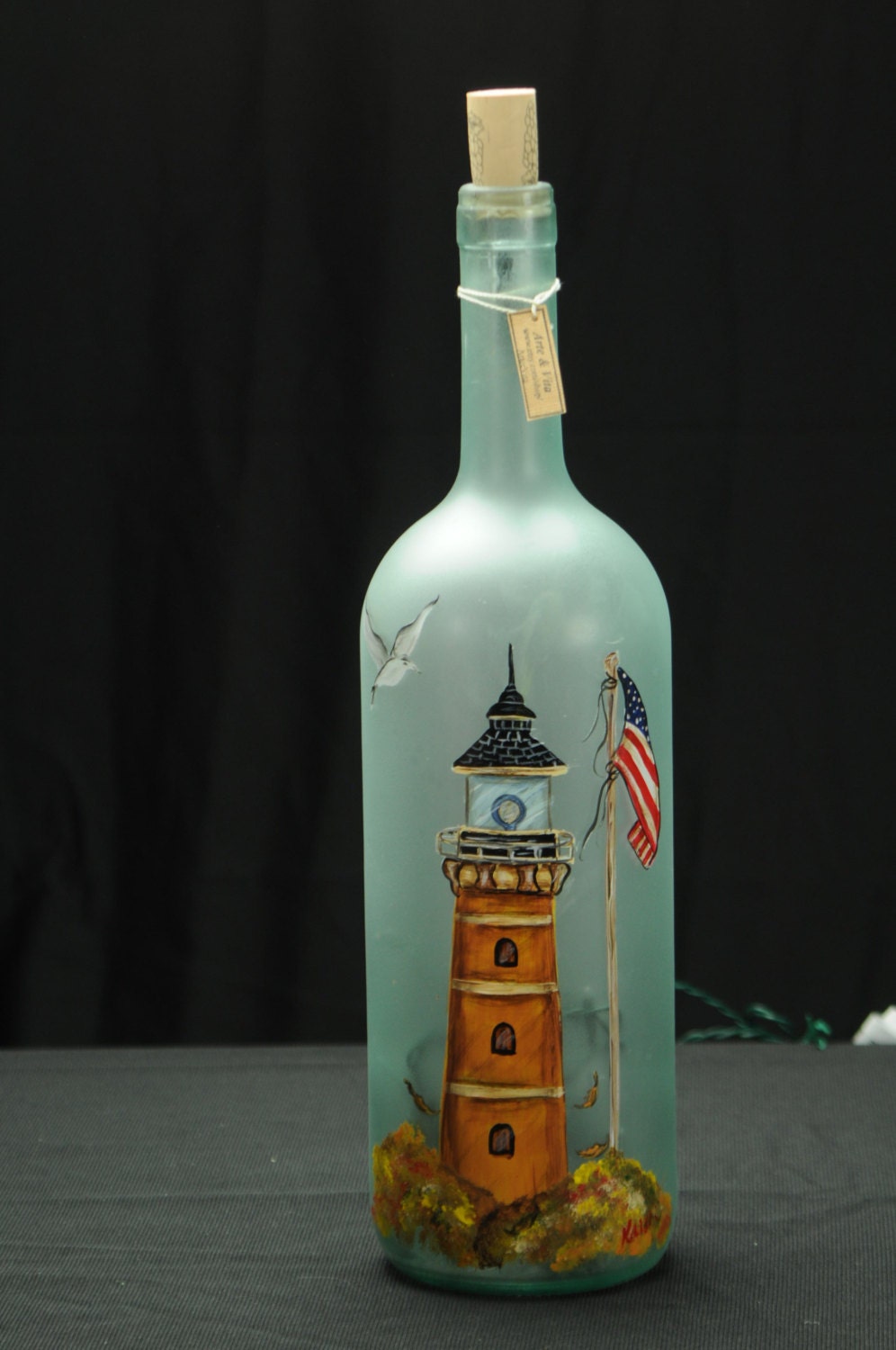 1.5 Ltr. Hand Painted Lighted Wine Bottle/Lamp/ Lighthouse in Fall With Seagull & Flag