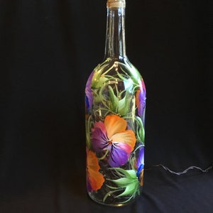 1.5 Ltr Hand Painted Lighted Wine Bottle / Colorful Pansies on Clear ...