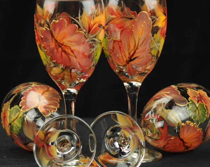 Set of Four Hand Painted Wine Glasses / Colorful Fall Leaves Etsy