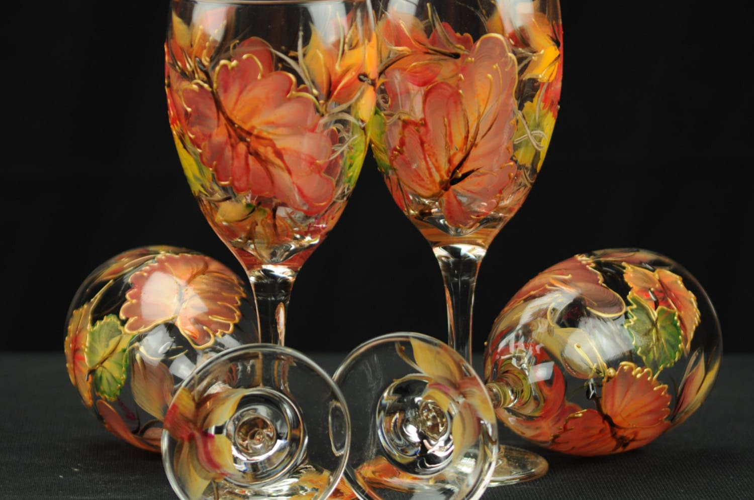 Set of Four Hand Painted Wine Glasses / Colorful Fall Leaves Etsy