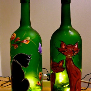 Lighted Wine Bottle / Hand Painted Cat  / Decorative Lamp