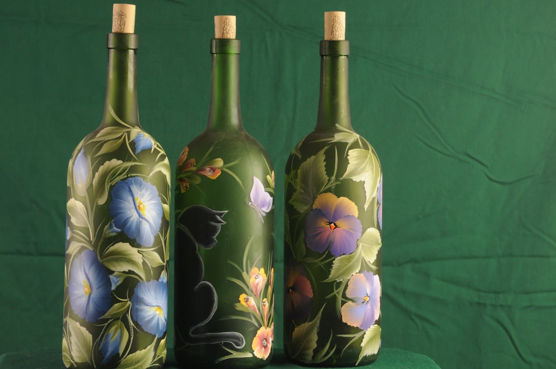 Hand Painted Lighted Wine Bottle / Floral Designs Etsy