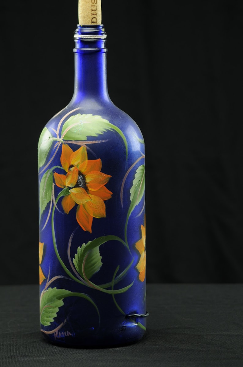 1.5 Ltr. Hand Painted Lighted Wine Bottle / Sunflowers on Blue | Etsy