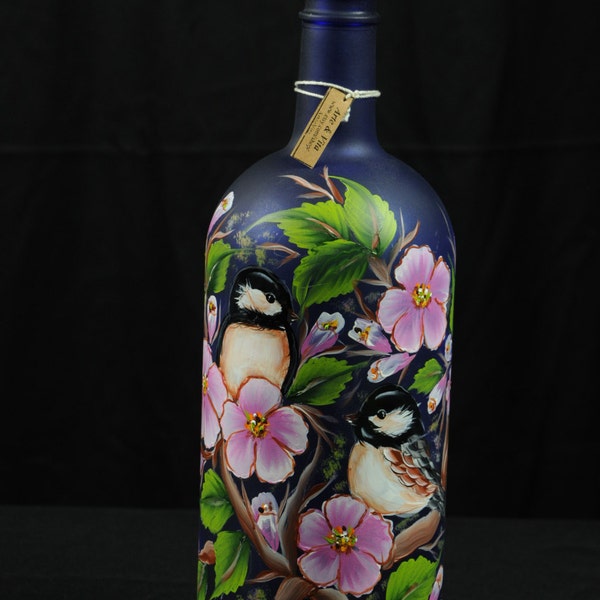 1.5 Ltr. Hand Painted Lighted Wine Bottle / Chickadees in Apple Blossom Tree / Cobalt Blue Bottle