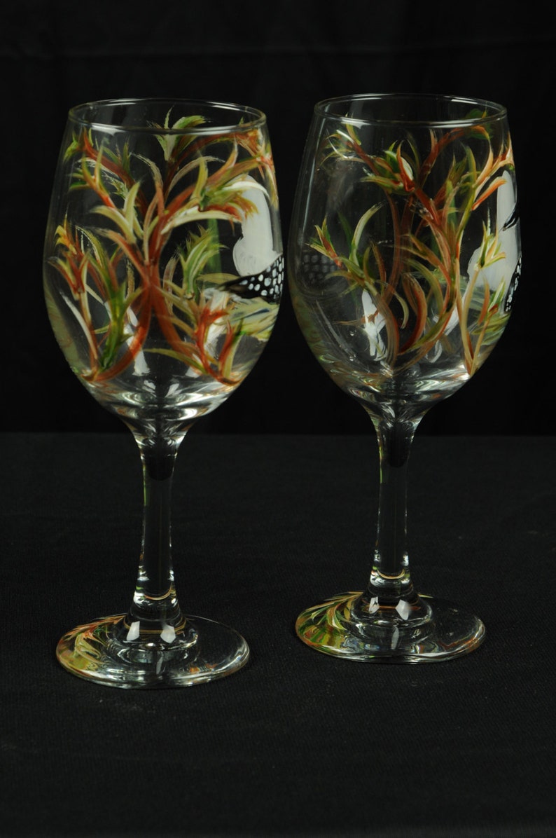 Set of Two / Hand Painted Large Wine Glasses / Lake Loons On Etsy