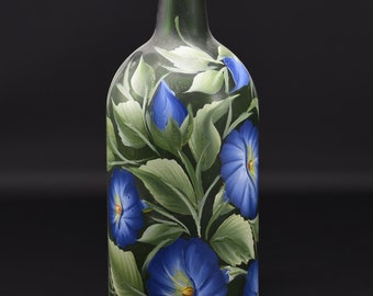 1.5 Ltr. Hand Painted Lighted Wine Bottle / Blue Morning Glories  on Green Bottle