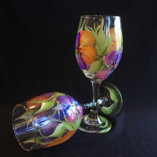 Hand Painted 14oz Wine Glass /Colorful Pansies