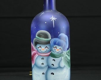 Lighted 1.5 Ltr Handpainted Blue Bottle/Lamp Snowman Couple