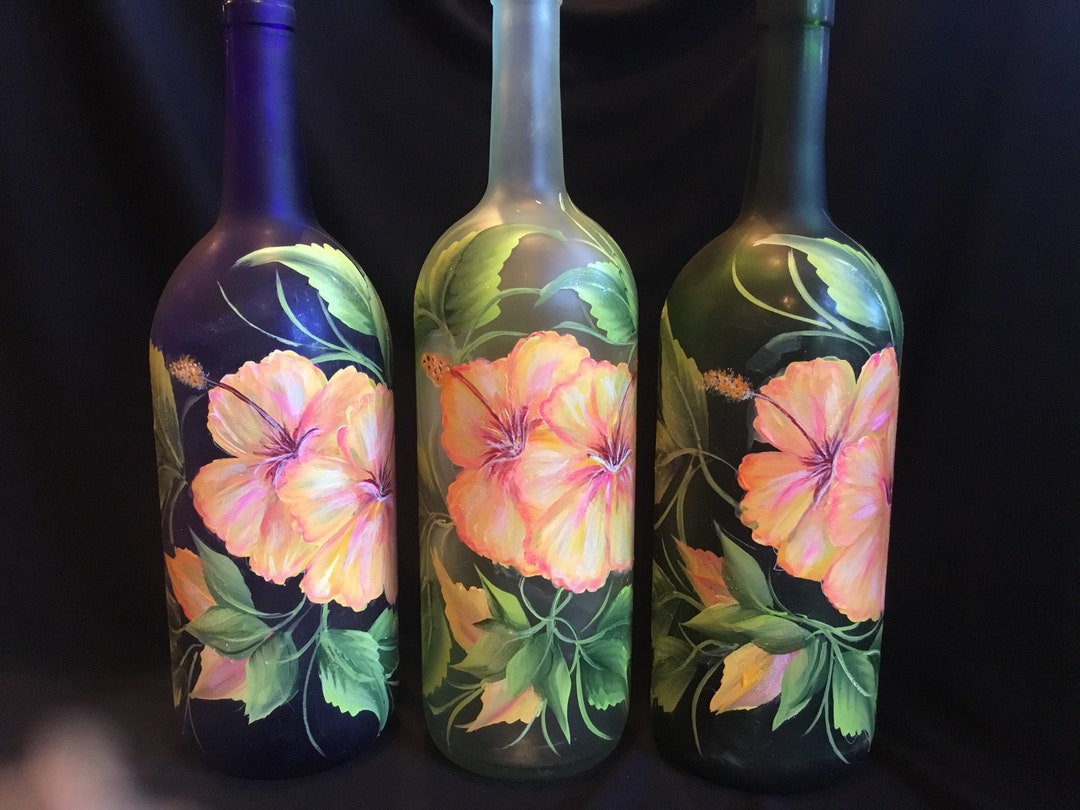 1.5 Ltr. Hand Painted Lighted Wine Bottle / Colorful Fiesta Hibiscus ...