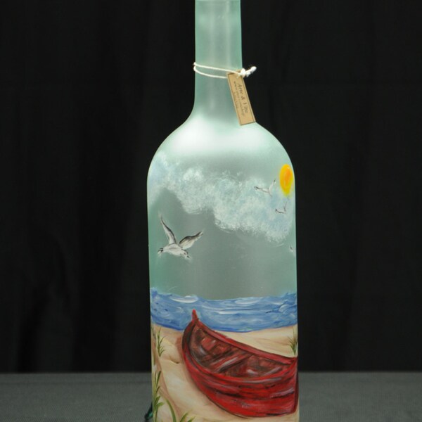 1.5 Ltr Lighted Wine Bottle / Red Boat On Beach With Dunes And Seagull