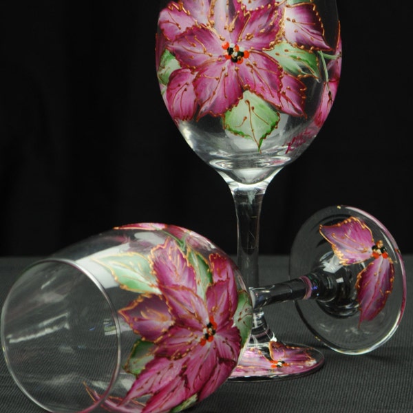 Hand Painted Large Single 20 oz Wine Glass / Red Poinsettia On Clear Glass