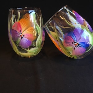Hand Painted Single Stemless Wine Glass / Colorful Pansies