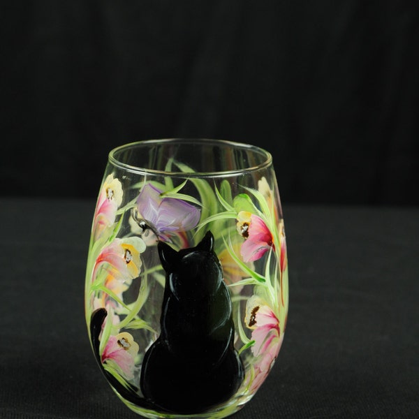 Hand Painted Large Stemless Wine Glass  /Serene Black Cat With Butterfly On Clear Glass