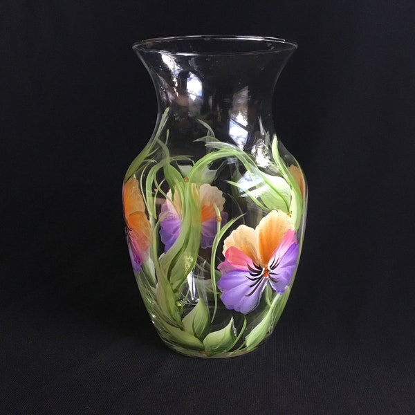 8" Hand Painted Clear glass Vase / Pastel Pansies