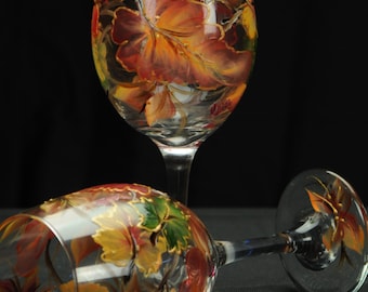 Hand Painted Large 20oz Single Wine Glass / Colorful Fall Leaves On Clear Glass