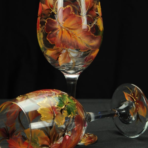 Hand Painted Large 20oz Single Wine Glass / Colorful Fall Leaves On Clear Glass