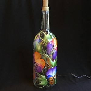 1.5 Ltr Hand Painted  Lighted Wine Bottle / Colorful Pansies on Clear Glass/ Decorative Lamp