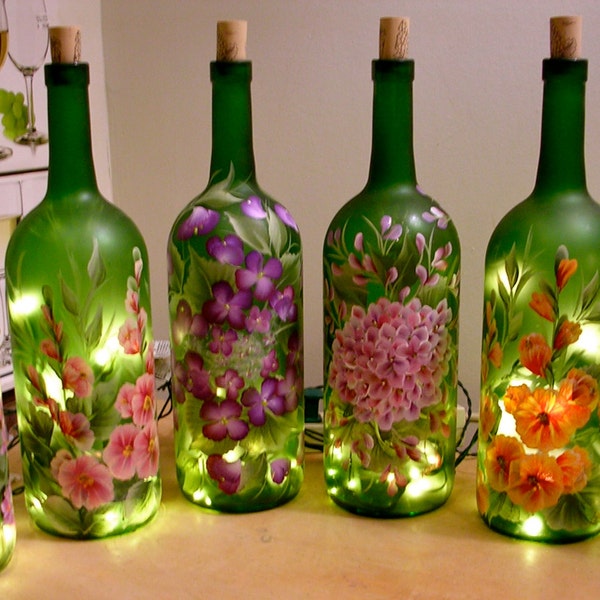 Hand Painted Lighted Wine Bottle / Floral Designs