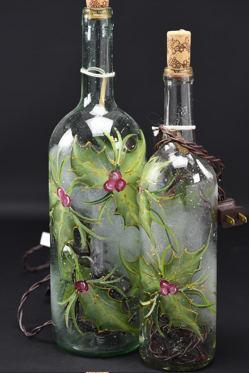 1.5 Ltr Handpainted Lighted Wine Bottle / Frosted Elegant Holly - Etsy