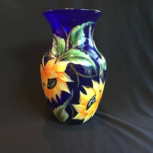 8&quot; Cobalt Blue Glass Vase / Handpainted Sunflowers