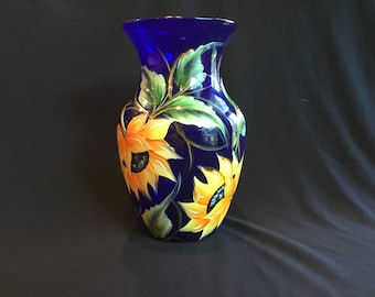 8" Cobalt Blue Glass Vase / Handpainted Sunflowers