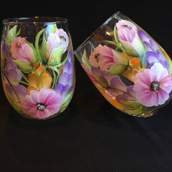 Hand Painted Large Stemless 20 oz Wine Glass /Colorful Wildflowers