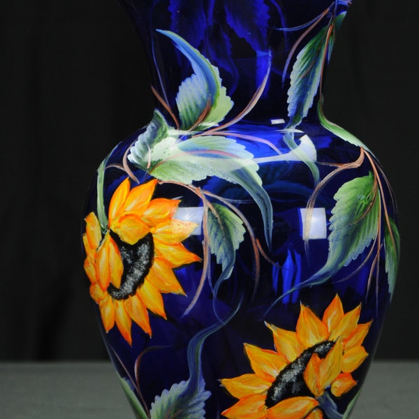 11" Cobalt Blue Glass Vase / Handpainted Sunflowers