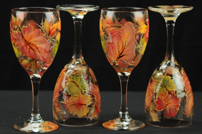Set of Four Hand Painted Wine Glasses / Colorful Fall Leaves Etsy