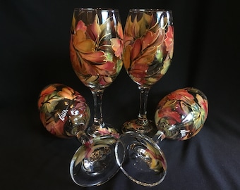 Set of  Four Hand Painted 14oz Wine Glasses / Colorful Fall Leaves