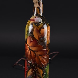 750 ml  Hand painted Lighted Wine Bottle / Colorful Fall Leaves on Clear Glass/ Decorative Lamp
