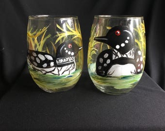 Handpainted 20oz stemless wineglass/Lake Loons