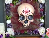 Faux Human Skull Altar Shadow Box Lighted Sugar Skull Shrine Day of the Dead Art Dia de los Muerto Folk Art 3D Wall Hanging Diorama