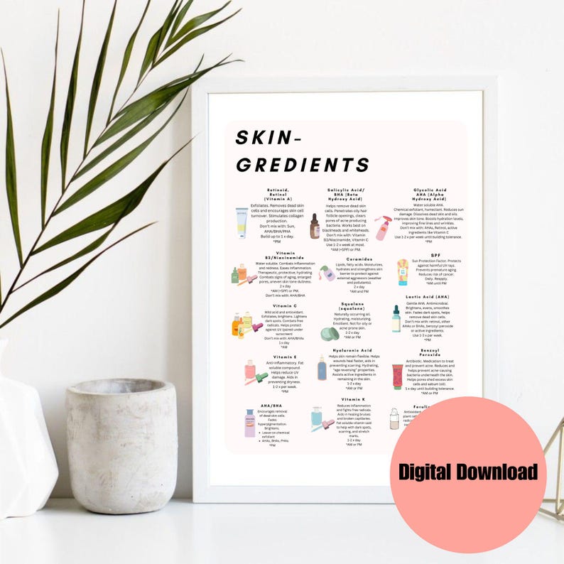 May include: A printable chart with illustrations of common skincare ingredients and their benefits. The chart is titled "Skin-Gredients" and includes ingredients like retinol, hyaluronic acid, vitamin C, and SPF.