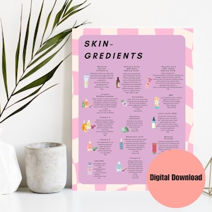 May include: A skincare guide poster titled "SKIN-GREDIENTS" with a pink and white checkered background. The poster lists various skincare ingredients with their benefits and usage instructions. A pink circle with the text "Digital Download" is in the lower right corner.