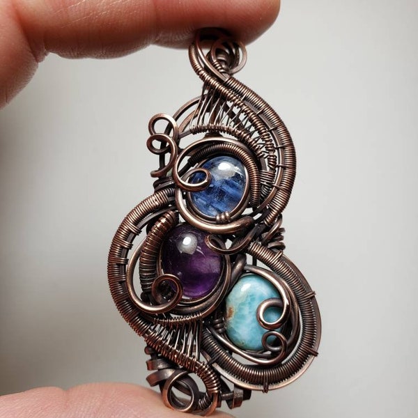 Larimar + Amethyst + Blue Kyanite Coil & Flow Wire Wrapped Pendant