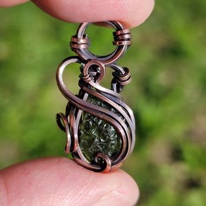 Moldavite Necklace - Wire Wrap Pendant - Copper Jewelry - Tektite - Tyet Style