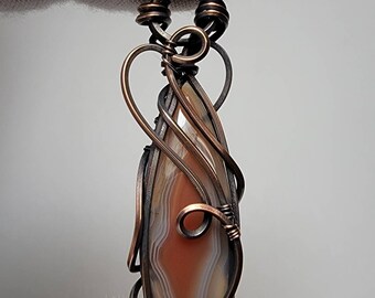 Banded Agate 'Tyet' Wire Wrap Pendant Oxidized Copper