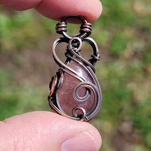 Strawberry Quartz Necklace - &#39;Tyet&#39; Wire Wrap Pendant - Copper Jewelry