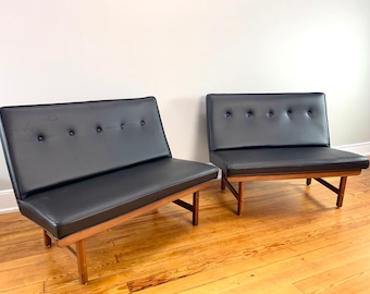 Pair of Jens Risom Style Mid Century Modern Walnut Settees Loveseats Sofas