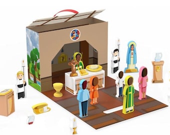 May include: A wooden playset depicting a church interior with a variety of figures, including a priest, a nun, and children. The set includes a table, chairs, a cross, and other religious symbols. The playset is made of wood and painted in bright colors.