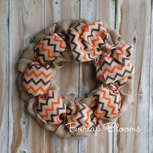 Thanksgiving Wreath, Autumn Wreath, Fall Wreath, Burlap Wreath,Chevron Fall Wreath, Orange and Brown Wreath, Front Door Wreath