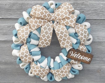 Burlap Spring Wreath Summer Winter Front Door Welcome Blue White Lattice Front Door