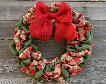 Plaid Burlap Christmas Wreath, Plaid Burlap Wreath, Christmas Burlap Wreath, Holiday Wreath, Christmas Decor, Rustic Wreath, Wreaths