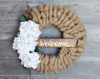 Hydrangea Wreath, Spring Wreath, Floral Wreath, Spring Burlap Wreath, Farmhouse Wreath, Welcome Wreath