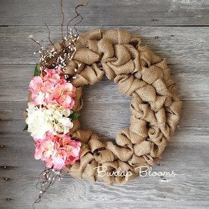 Natural Burlap Wreath with Pink and White Hydrangea Flowers with White Pip Berries, Easter Wreath, Hydrangea Wreath, Spring Wreath