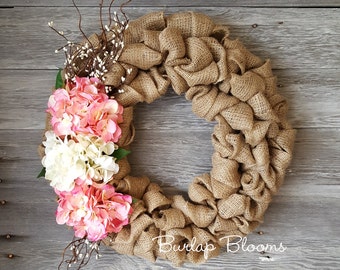 Natural Burlap Wreath with Pink and White Hydrangea Flowers with White Pip Berries, Easter Wreath, Hydrangea Wreath, Spring Wreath