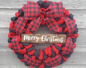 Buffalo Check Christmas Wreath, Buffalo Plaid Burlap Wreath, Holiday Wreath, Front Door Wreath, Buffalo Plaid Check Wreath