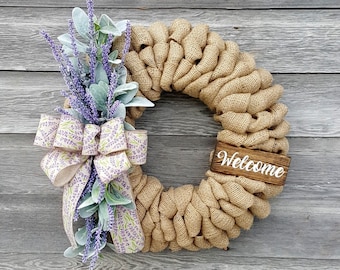 Lavender Wreath Lambs Ear Burlap Spring Summer Year Round Wreath Artificial Floral Welcome