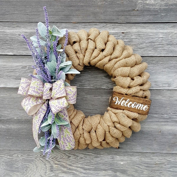 Lavender Wreath Lambs Ear Burlap Spring Summer Year Round Wreath Artificial Floral Welcome